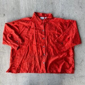 Chicos Red Silk Script Print Button Up Boxy Shirt Top Size 3